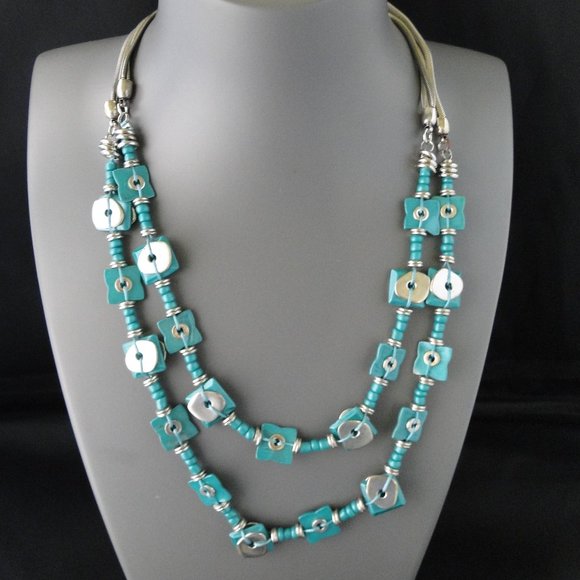 Turquoise & Silver Double Strand Necklace 20" with 4" Extender Zevar By Treska - Picture 1 of 6